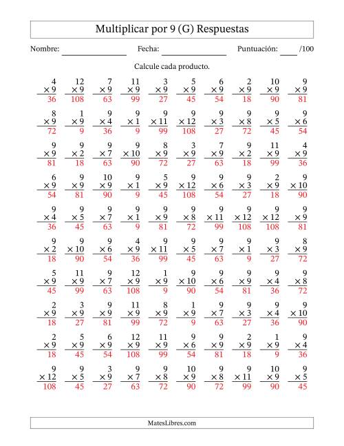 La hoja de ejercicios de Multiplicar (Factores de 1 a 12) por 9 (100 Preguntas) (G) Página 2
