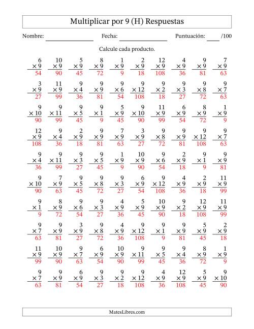 La hoja de ejercicios de Multiplicar (Factores de 1 a 12) por 9 (100 Preguntas) (H) Página 2