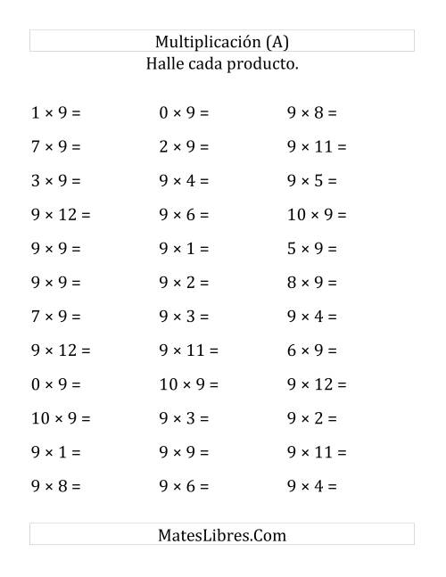 La hoja de ejercicios de Multiplicar de 1 a 12 por 9 (Grande)