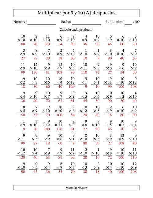 La hoja de ejercicios de Multiplicar (Factores de 1 a 12) por 9 y 10 (100 Preguntas) (A) Página 2
