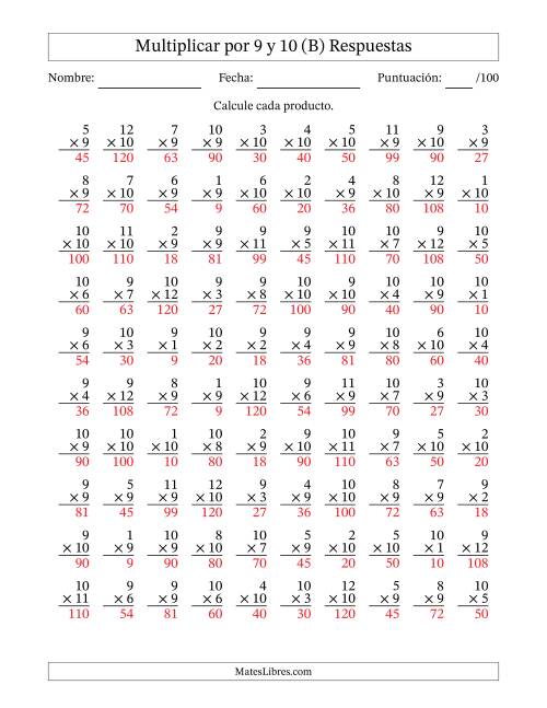 La hoja de ejercicios de Multiplicar (Factores de 1 a 12) por 9 y 10 (100 Preguntas) (B) Página 2