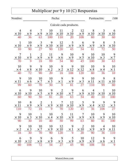La hoja de ejercicios de Multiplicar (Factores de 1 a 12) por 9 y 10 (100 Preguntas) (C) Página 2