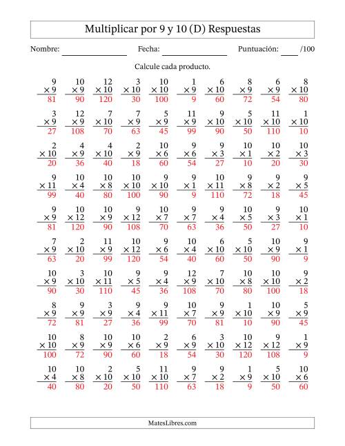 La hoja de ejercicios de Multiplicar (Factores de 1 a 12) por 9 y 10 (100 Preguntas) (D) Página 2