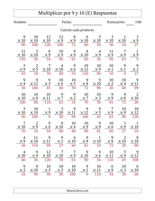 La hoja de ejercicios de Multiplicar (Factores de 1 a 12) por 9 y 10 (100 Preguntas) (E) Página 2