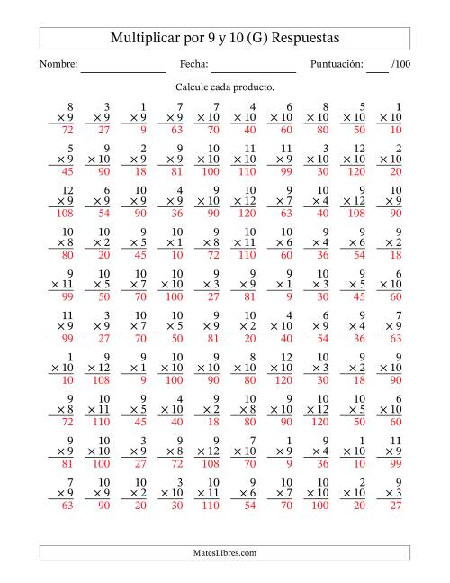 La hoja de ejercicios de Multiplicar (Factores de 1 a 12) por 9 y 10 (100 Preguntas) (G) Página 2
