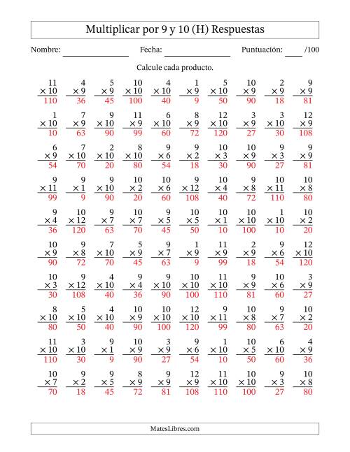 La hoja de ejercicios de Multiplicar (Factores de 1 a 12) por 9 y 10 (100 Preguntas) (H) Página 2
