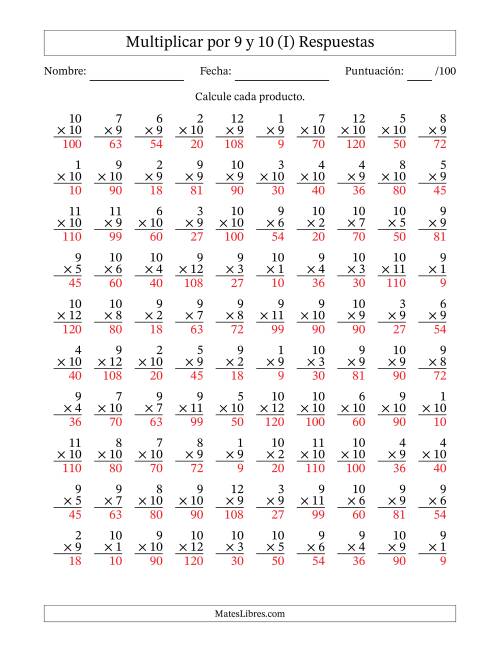 La hoja de ejercicios de Multiplicar (Factores de 1 a 12) por 9 y 10 (100 Preguntas) (I) Página 2
