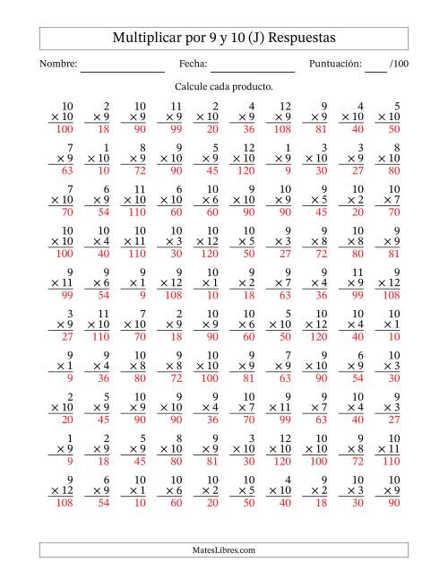 La hoja de ejercicios de Multiplicar (Factores de 1 a 12) por 9 y 10 (100 Preguntas) (J) Página 2