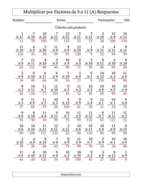 La hoja de ejercicios de Multiplicar (Factores de 1 a 12) por Factores de 9 a 11 (100 Preguntas) (A) Página 2
