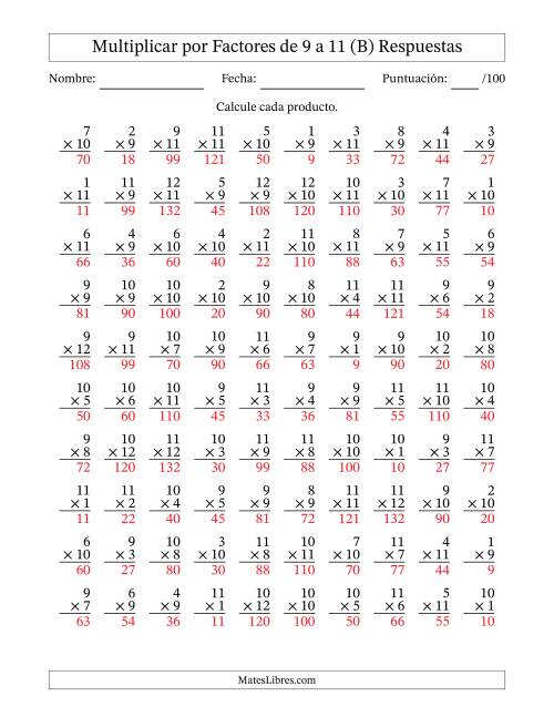 La hoja de ejercicios de Multiplicar (Factores de 1 a 12) por Factores de 9 a 11 (100 Preguntas) (B) Página 2