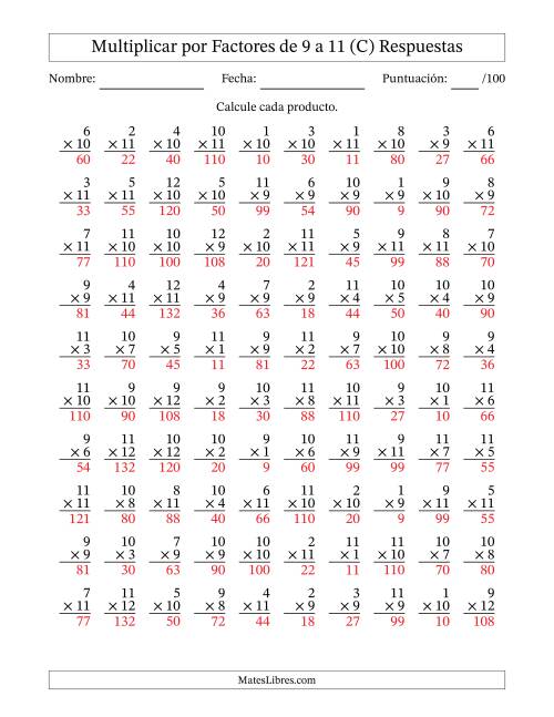 La hoja de ejercicios de Multiplicar (Factores de 1 a 12) por Factores de 9 a 11 (100 Preguntas) (C) Página 2
