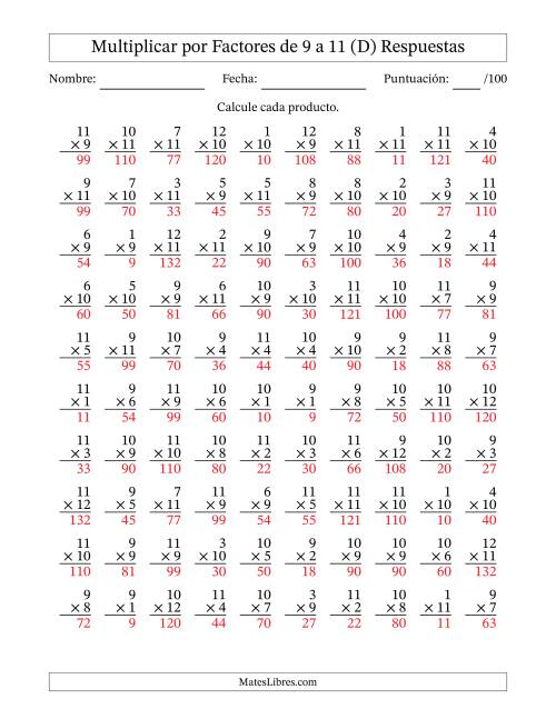 La hoja de ejercicios de Multiplicar (Factores de 1 a 12) por Factores de 9 a 11 (100 Preguntas) (D) Página 2