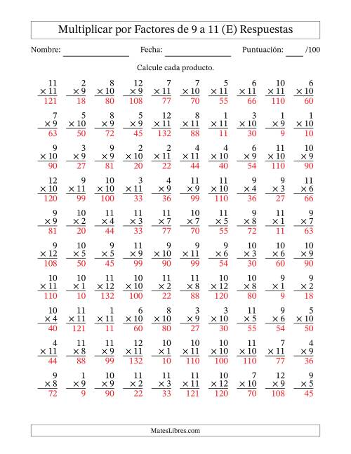 La hoja de ejercicios de Multiplicar (Factores de 1 a 12) por Factores de 9 a 11 (100 Preguntas) (E) Página 2