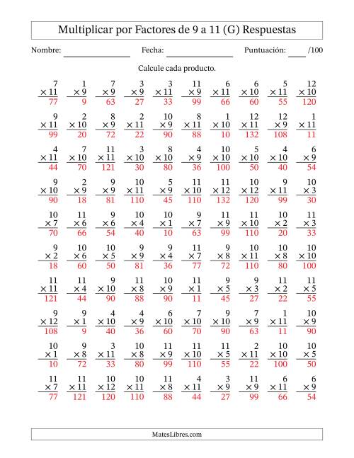 La hoja de ejercicios de Multiplicar (Factores de 1 a 12) por Factores de 9 a 11 (100 Preguntas) (G) Página 2