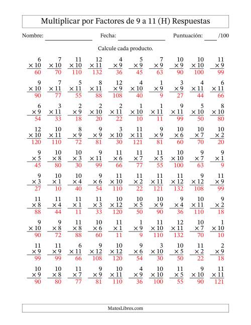 La hoja de ejercicios de Multiplicar (Factores de 1 a 12) por Factores de 9 a 11 (100 Preguntas) (H) Página 2
