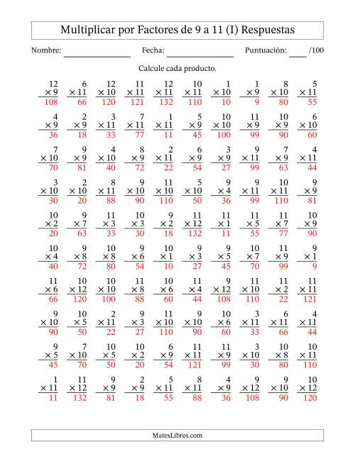 La hoja de ejercicios de Multiplicar (Factores de 1 a 12) por Factores de 9 a 11 (100 Preguntas) (I) Página 2