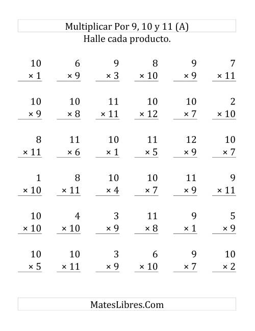 La hoja de ejercicios de Multiplicar de 1 a 12 por 9, 10 y 11 (Grande)