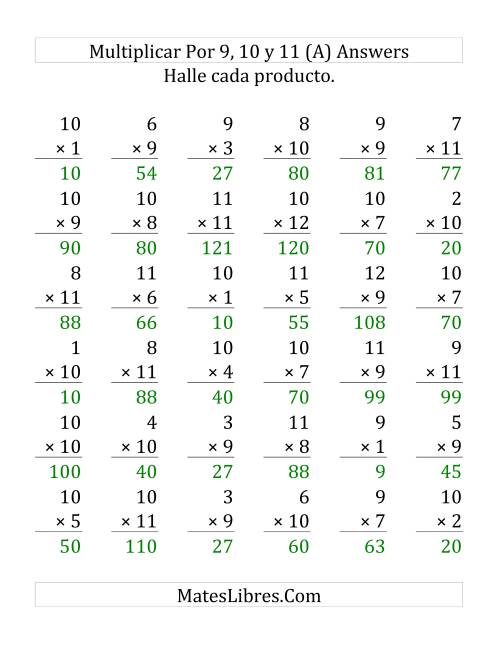 La hoja de ejercicios de Multiplicar de 1 a 12 por 9, 10 y 11 (Grande) Página 2