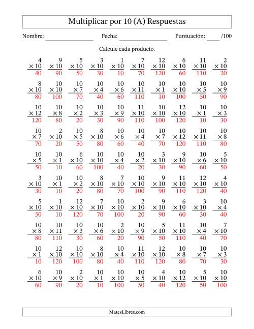 La hoja de ejercicios de Multiplicar (Factores de 1 a 12) por 10 (100 Preguntas) (A) Página 2