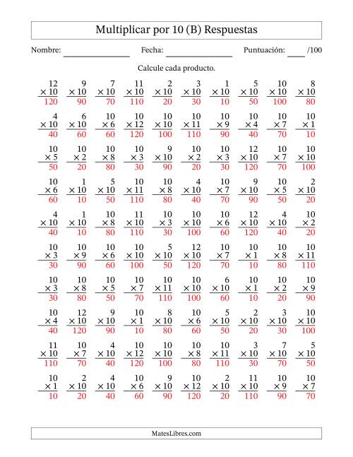 La hoja de ejercicios de Multiplicar (Factores de 1 a 12) por 10 (100 Preguntas) (B) Página 2