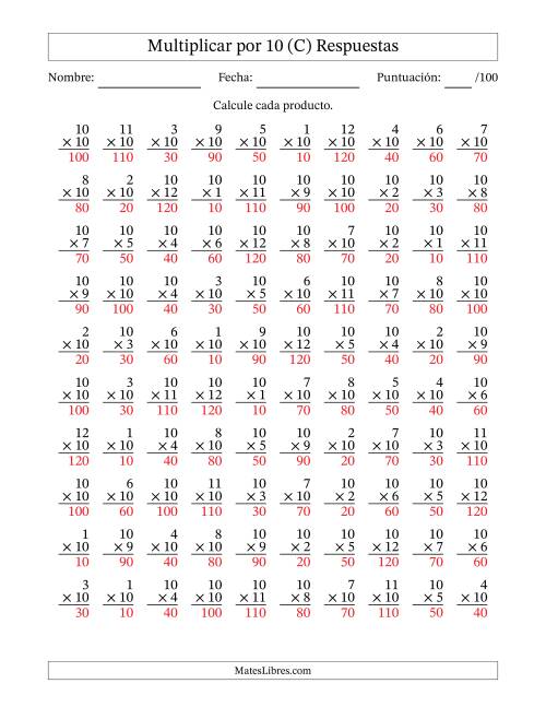 La hoja de ejercicios de Multiplicar (Factores de 1 a 12) por 10 (100 Preguntas) (C) Página 2