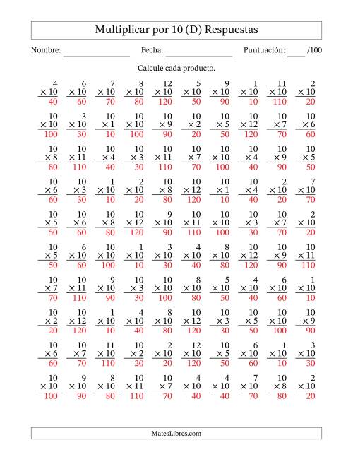 La hoja de ejercicios de Multiplicar (Factores de 1 a 12) por 10 (100 Preguntas) (D) Página 2
