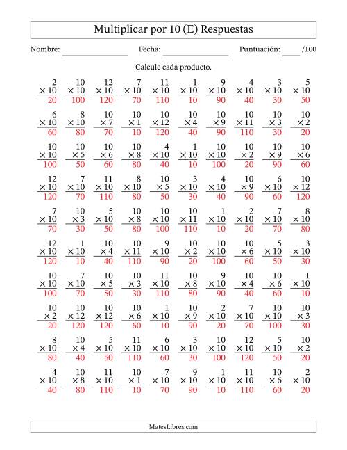 La hoja de ejercicios de Multiplicar (Factores de 1 a 12) por 10 (100 Preguntas) (E) Página 2