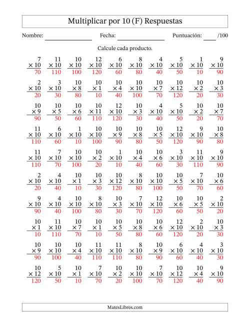 La hoja de ejercicios de Multiplicar (Factores de 1 a 12) por 10 (100 Preguntas) (F) Página 2