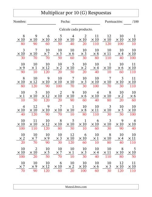 La hoja de ejercicios de Multiplicar (Factores de 1 a 12) por 10 (100 Preguntas) (G) Página 2