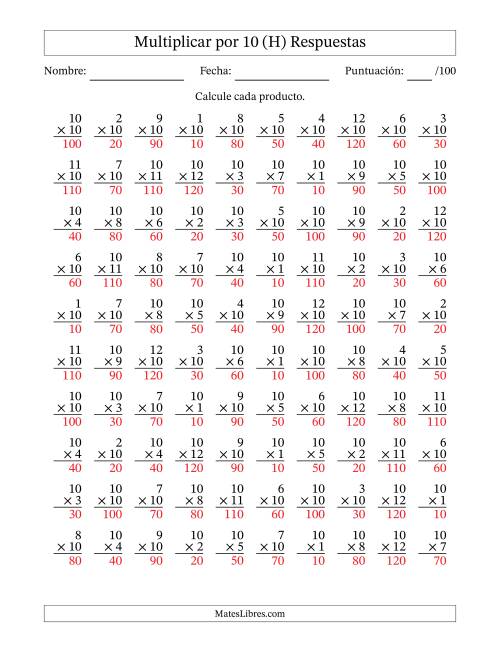 La hoja de ejercicios de Multiplicar (Factores de 1 a 12) por 10 (100 Preguntas) (H) Página 2