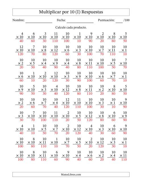 La hoja de ejercicios de Multiplicar (Factores de 1 a 12) por 10 (100 Preguntas) (I) Página 2