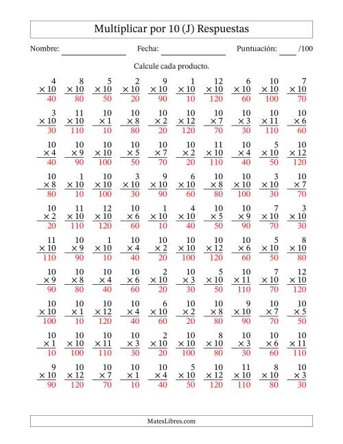 La hoja de ejercicios de Multiplicar (Factores de 1 a 12) por 10 (100 Preguntas) (J) Página 2