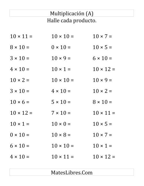 La hoja de ejercicios de Multiplicar de 1 a 12 por 10 (Grande)
