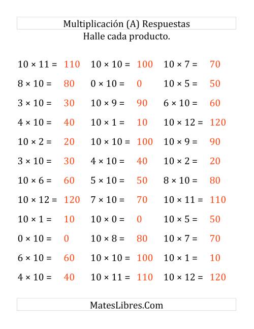 La hoja de ejercicios de Multiplicar de 1 a 12 por 10 (Grande) Página 2