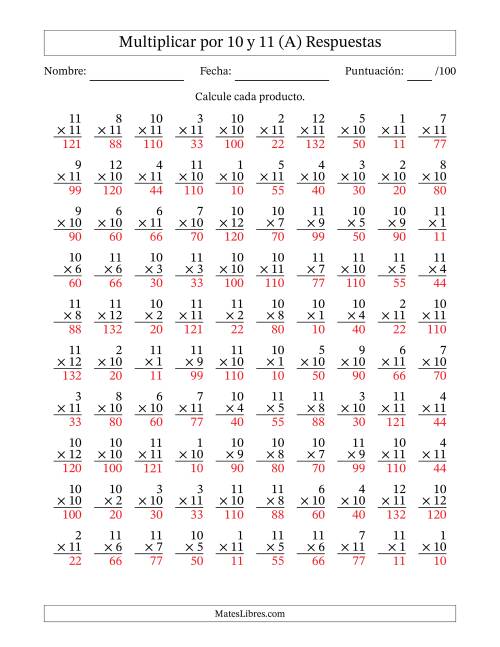 La hoja de ejercicios de Multiplicar (Factores de 1 a 12) por 10 y 11 (100 Preguntas) (A) Página 2