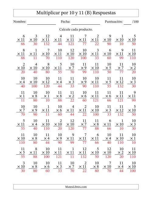 La hoja de ejercicios de Multiplicar (Factores de 1 a 12) por 10 y 11 (100 Preguntas) (B) Página 2