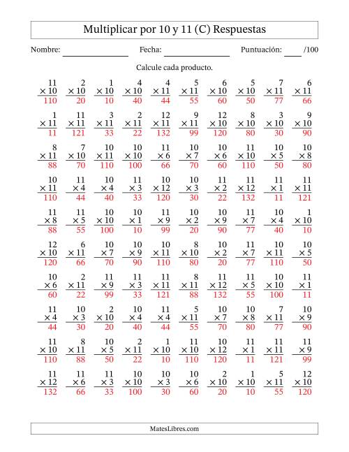 La hoja de ejercicios de Multiplicar (Factores de 1 a 12) por 10 y 11 (100 Preguntas) (C) Página 2