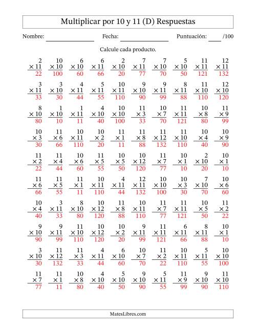 La hoja de ejercicios de Multiplicar (Factores de 1 a 12) por 10 y 11 (100 Preguntas) (D) Página 2
