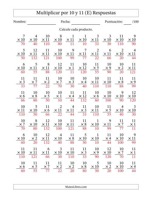 La hoja de ejercicios de Multiplicar (Factores de 1 a 12) por 10 y 11 (100 Preguntas) (E) Página 2