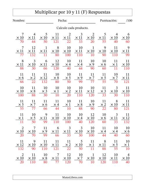 La hoja de ejercicios de Multiplicar (Factores de 1 a 12) por 10 y 11 (100 Preguntas) (F) Página 2