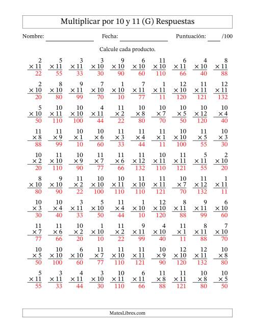 La hoja de ejercicios de Multiplicar (Factores de 1 a 12) por 10 y 11 (100 Preguntas) (G) Página 2