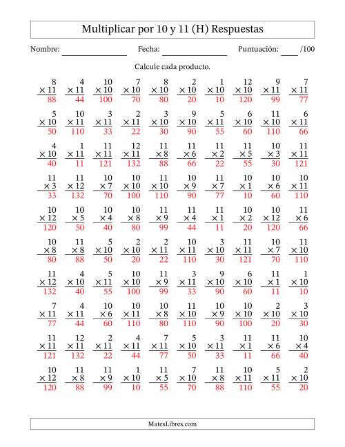 La hoja de ejercicios de Multiplicar (Factores de 1 a 12) por 10 y 11 (100 Preguntas) (H) Página 2