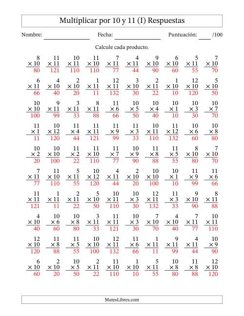 La hoja de ejercicios de Multiplicar (Factores de 1 a 12) por 10 y 11 (100 Preguntas) (I) Página 2
