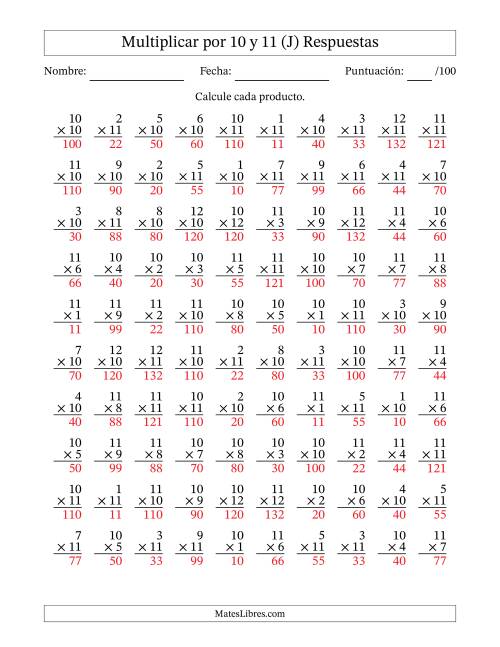 La hoja de ejercicios de Multiplicar (Factores de 1 a 12) por 10 y 11 (100 Preguntas) (J) Página 2