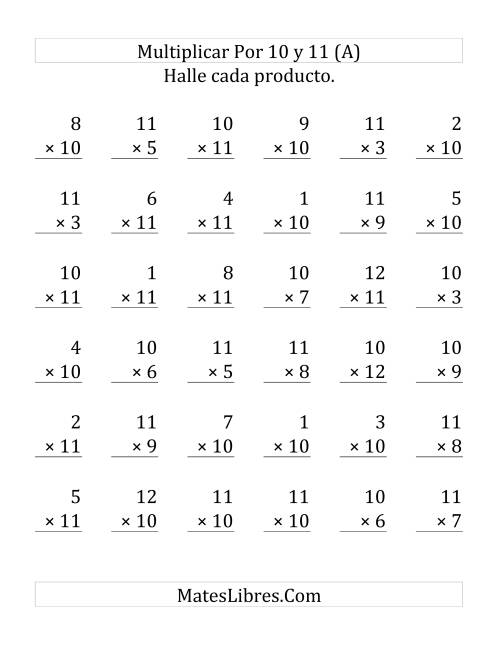 La hoja de ejercicios de Multiplicar de 1 a 12 por 10 y 11 (Grande)