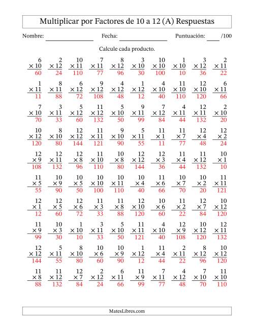 La hoja de ejercicios de Multiplicar (Factores de 1 a 12) por Factores de 10 a 12 (100 Preguntas) (A) Página 2