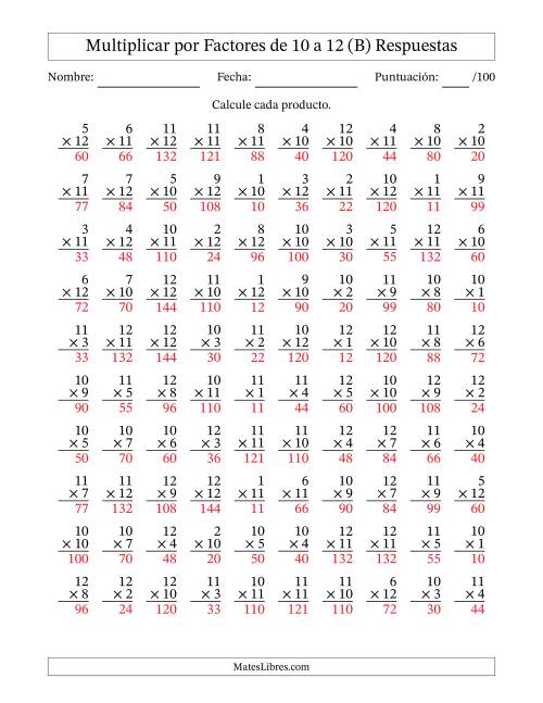 La hoja de ejercicios de Multiplicar (Factores de 1 a 12) por Factores de 10 a 12 (100 Preguntas) (B) Página 2