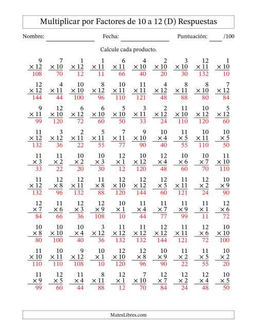 La hoja de ejercicios de Multiplicar (Factores de 1 a 12) por Factores de 10 a 12 (100 Preguntas) (D) Página 2