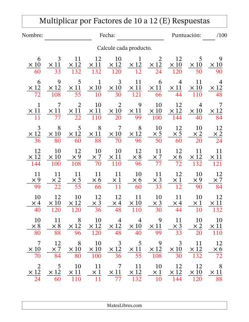 La hoja de ejercicios de Multiplicar (Factores de 1 a 12) por Factores de 10 a 12 (100 Preguntas) (E) Página 2