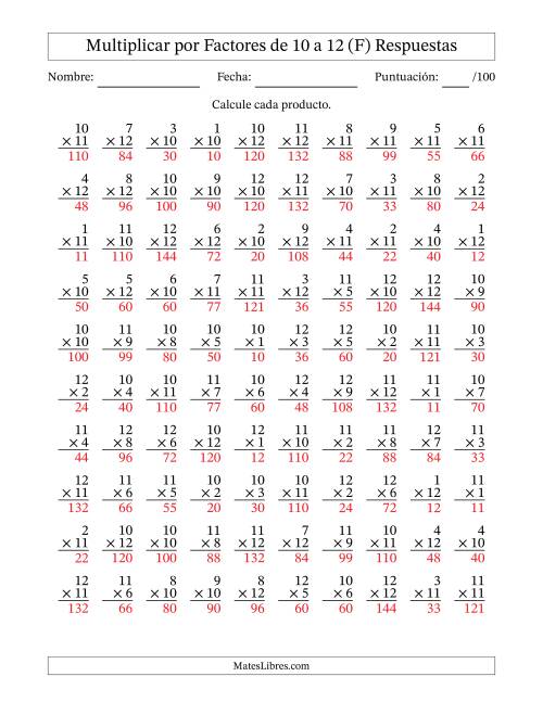 La hoja de ejercicios de Multiplicar (Factores de 1 a 12) por Factores de 10 a 12 (100 Preguntas) (F) Página 2